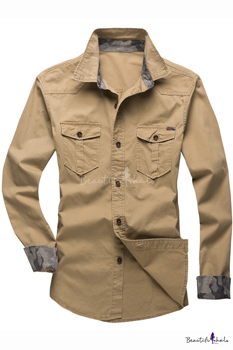 Wofupowga Mens Cotton Regular Fit Casual Button Front Pocket Military Shirts 