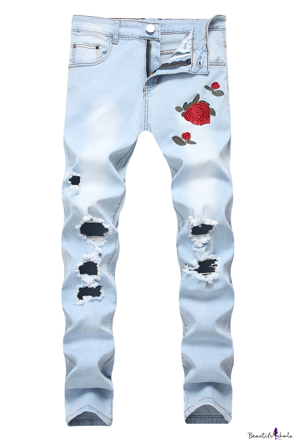 Men's Fashion Rose Floral Embroidery Cut Up Slim Fit Ripped Jeans with ...