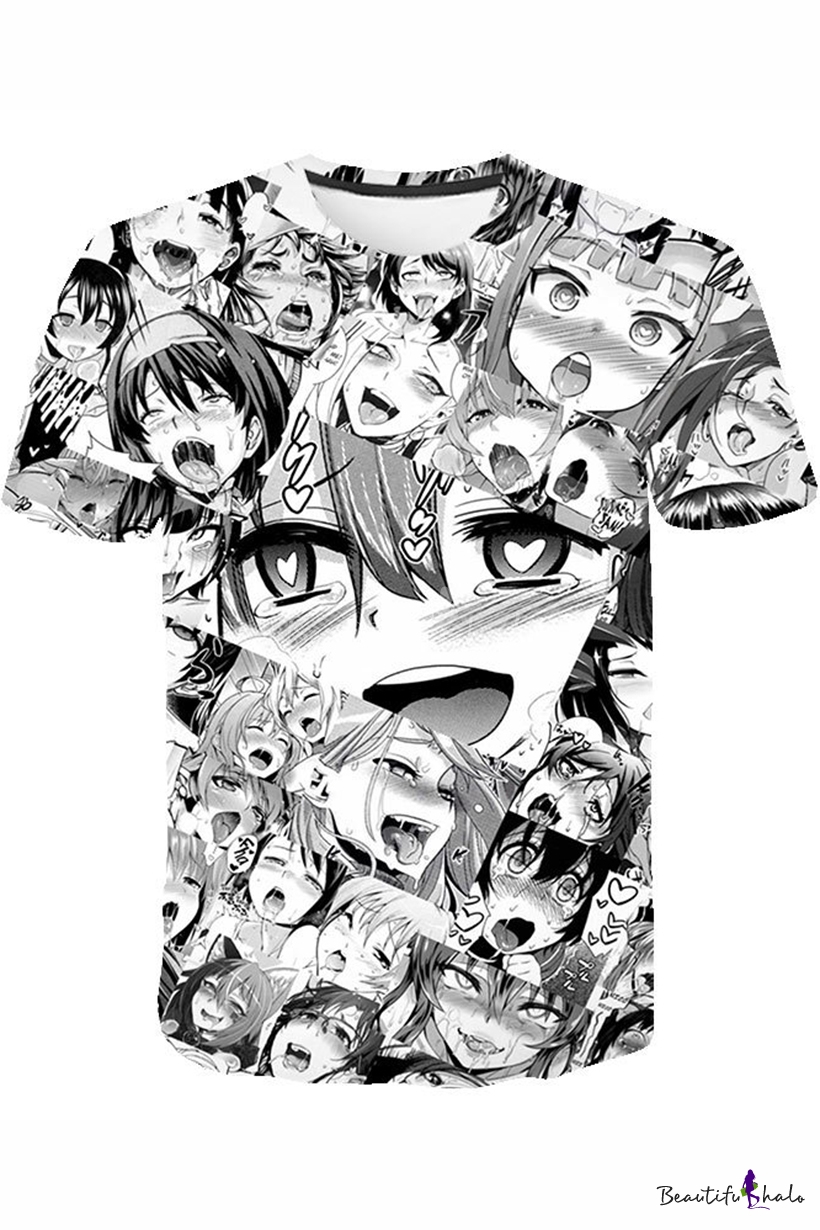 Ahegao 3d Comic Girl Printed Round Neck Loose Fit Black T Shirt 9175