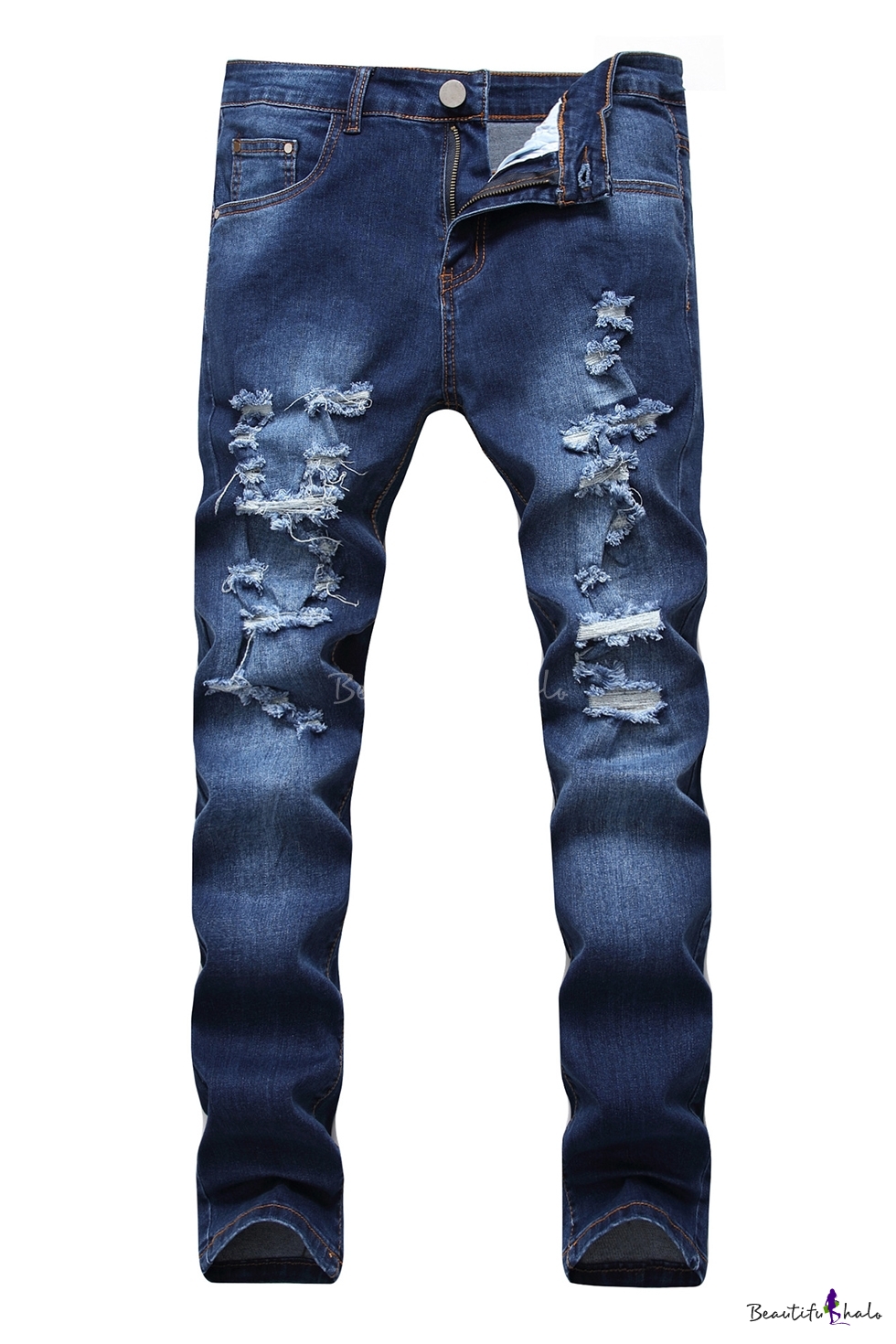Men S New Stylish Dark Blue Wear Distressed Ripped Slim Fit Jeans Beautifulhalo Com