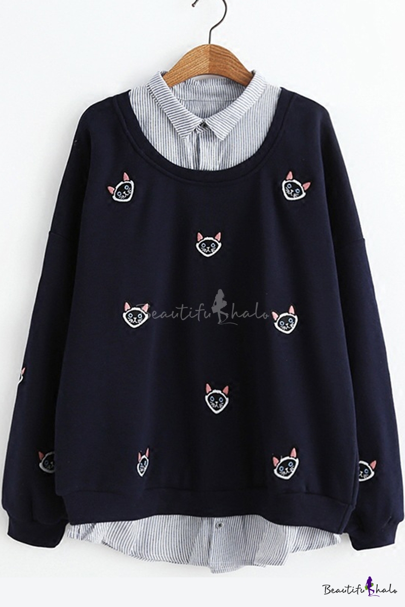 Cute Allover Cartoon Cat Embroidered Patched Lapel Collar Long Sleeve Womens Fake Two Piece Sweatshirt Beautifulhalo Com Cute Allover Cartoon Cat Embroidered Patched Lapel Collar Long Sleeve Womens Fake Two Piece Sweatshirt Beautifulhalo Com