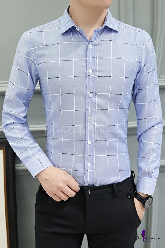 Men's Fashion Check Printed Long Sleeve Slim Fit Button-Up Business ...