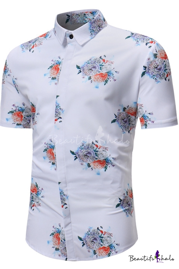 Summer New Fashion Floral Printed Mens Short Sleeve Slim Fit White ...