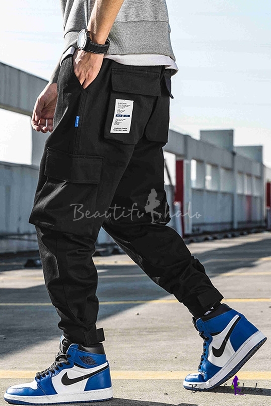 mens black cuffed cargo pants