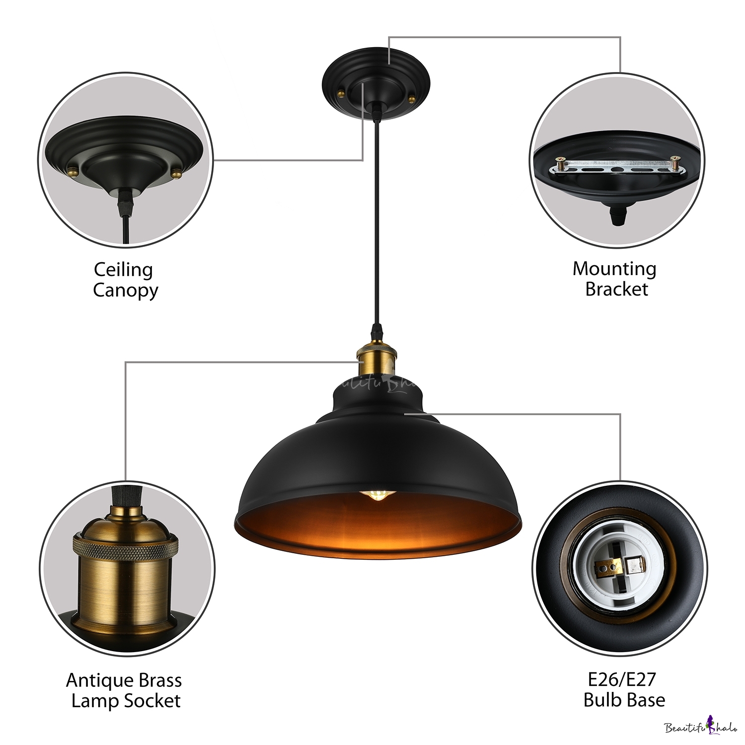 Industrial Pendant Light with 14.17''W Metal Shade in Black/White ...