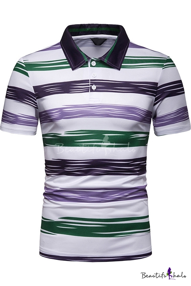 Summer Men's Color Block Striped Print Lapel Casual Slim Fit Polo Shirt ...
