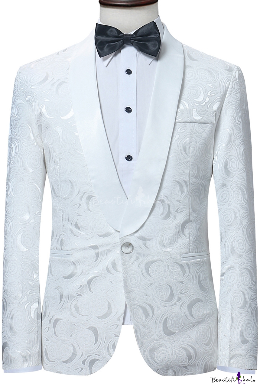 Fancy Floral Pattern Long Sleeve Shawl Collar Single Button White ...