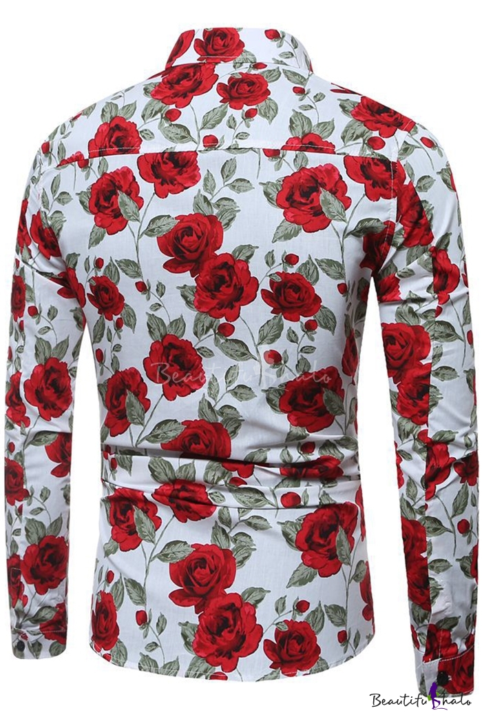 Mens Trendy Allover Rose Printed Spread Collar Long Sleeve Casual ...