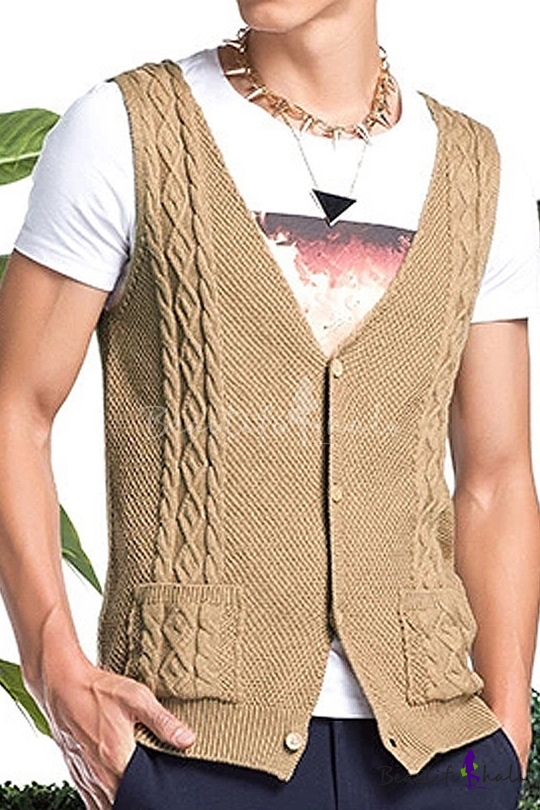 COOFANDY Mens V-Neck Sweater Vest Sleeveless Cable Knitwear Cardigan Waistcoat