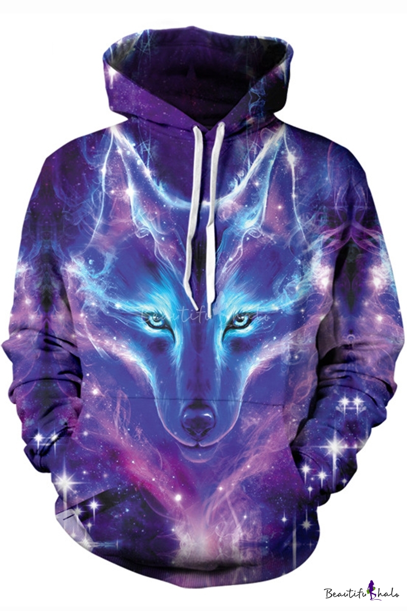 Trendy Unique Galaxy Wolf 3D Printed Long Sleeve Loose Casual Purple ...