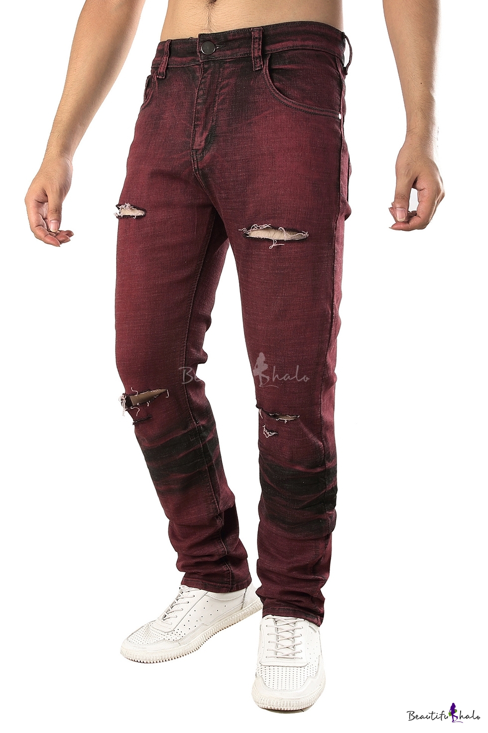 dark red ripped jeans
