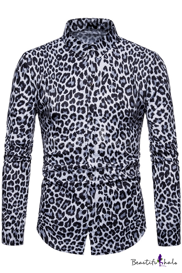 Mens Nightclub Fashion Leopard Print Long Sleeve Fitted Button-Up Shirt - Beautifulhalo.com