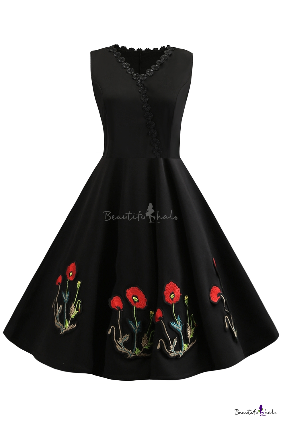 black lace floral embroidered dress