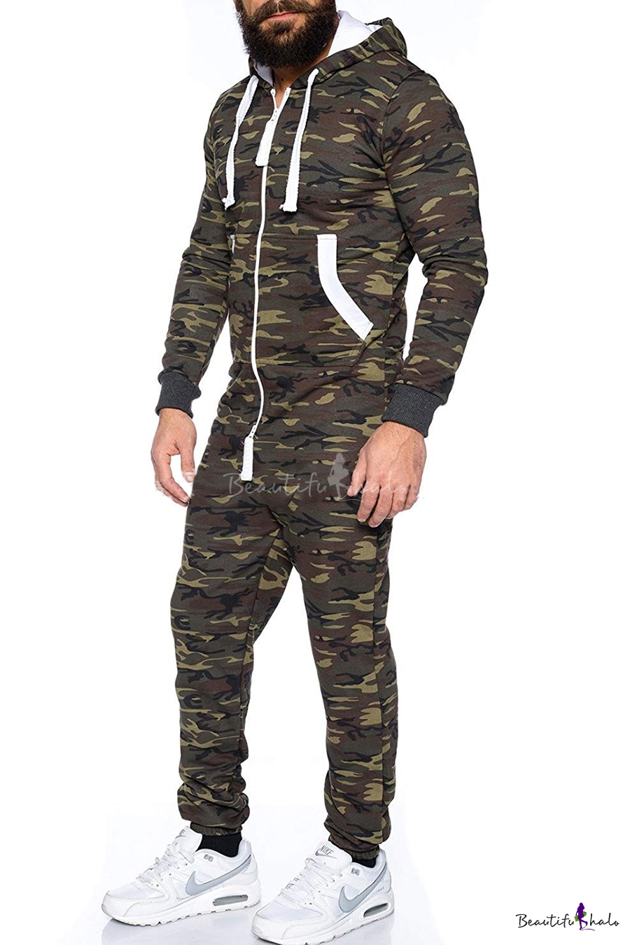 Mens New Stylish Camo Printed Long Sleeve Hooded Zip Up Loose Casual ...