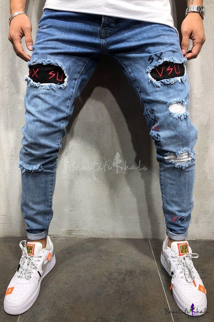 men letter embroidery ripped jeans