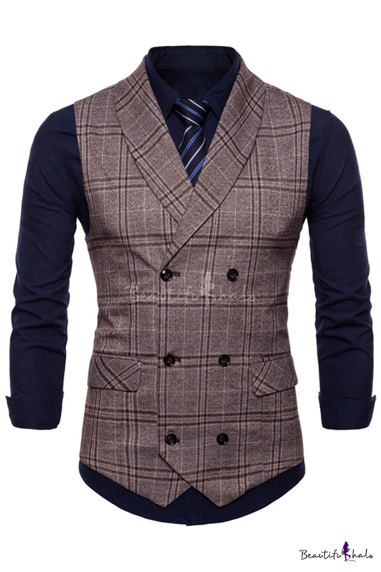 Unique Plaid Printed Shawl Collar Double-Breasted Slim Fit Mens ...