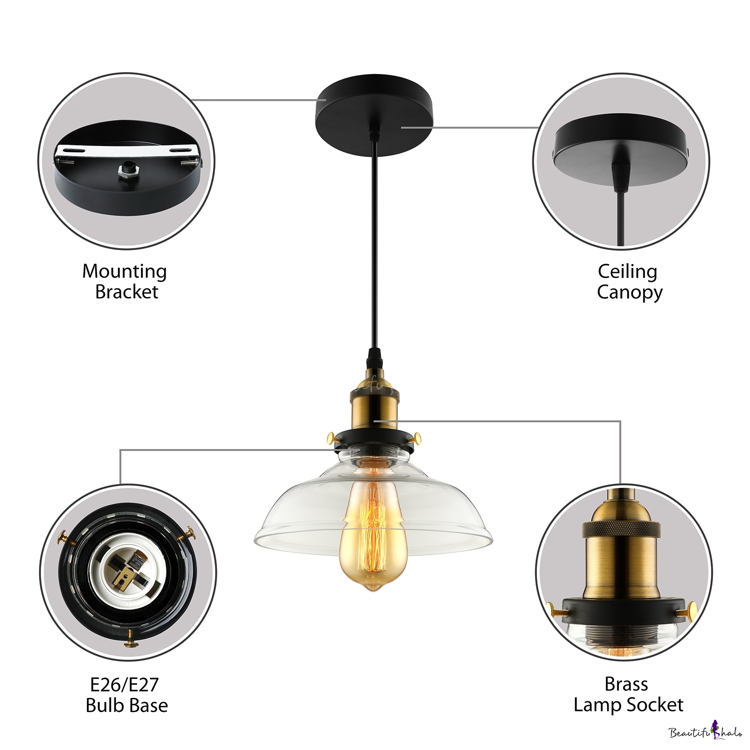 1 Light Brass/Black LED Single Pendant in Clear Shade - Beautifulhalo.com