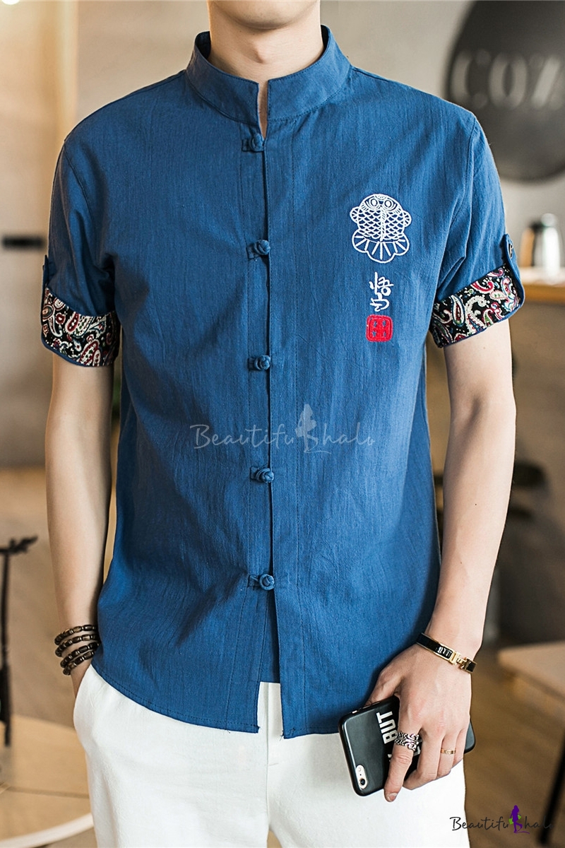 YYG Mens Buttons Classic Mandarin Collar Embroidery Linen Shirts 