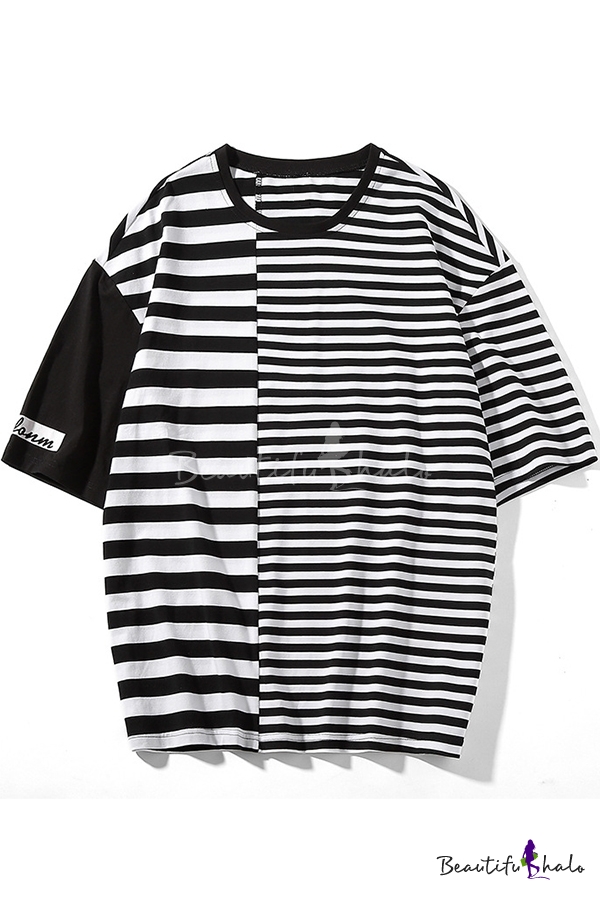 New Fashion Striped Letter Print Half Sleeve Round Neck Mens Loose Casual Tee Beautifulhalo Com