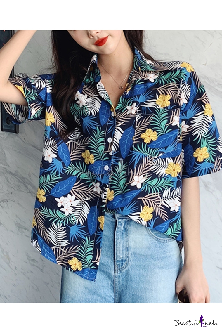 Summer Holiday Tropical Leaf Pattern Short Sleeve Camp Shirt for Women ...