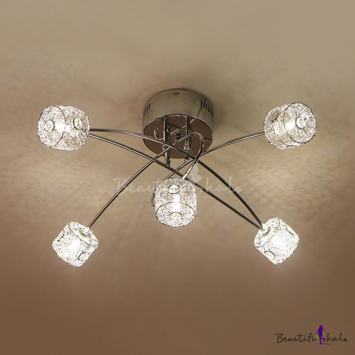 Clear Crystal Ceiling Lamp With Drum Shade 5 Lights Contemporary