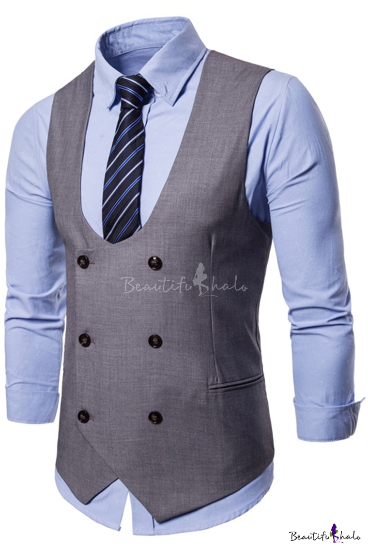 New Trendy Solid Color Double Breasted Collarless Suit Vest for Men ...