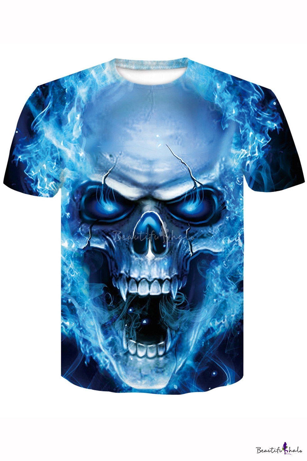 New Trendy Cool 3d Blue Fire Skull Printed Round Neck Basic T Shirt Beautifulhalo Com