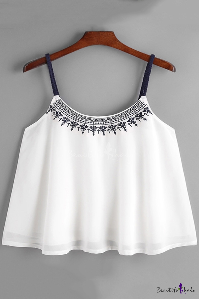 Summer Simple Printed White Chiffon Cami Top for Women - Beautifulhalo.com