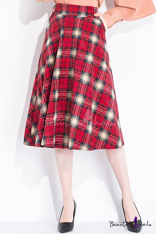 Fashion Classic Plaid Check Pattern Midi A-Line Skirt 