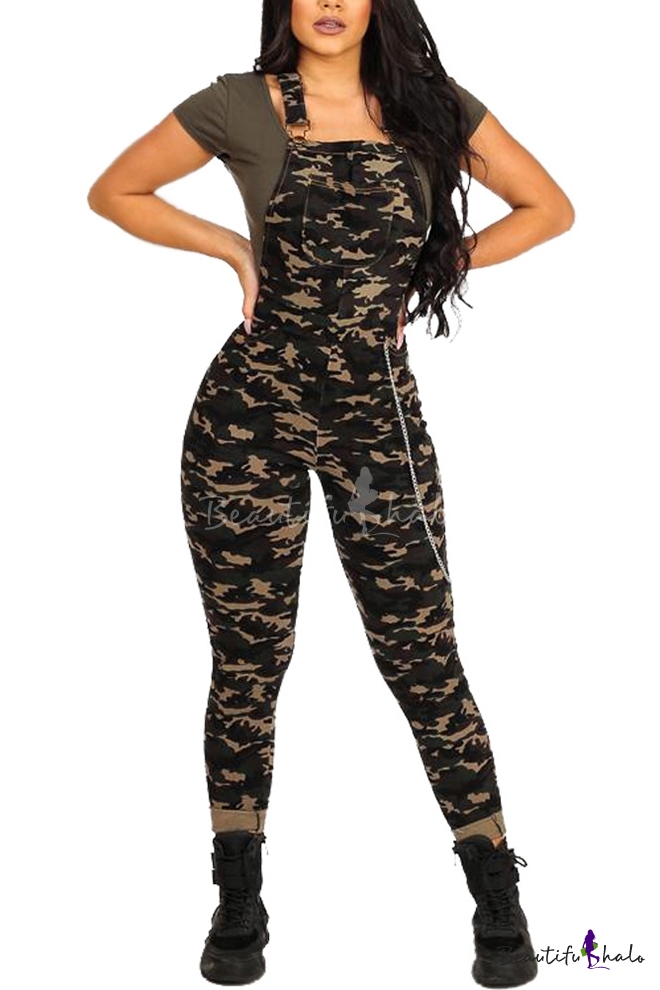 Women's Trendy Camouflage Print Sleeveless Pockets Details Slim Fit ...
