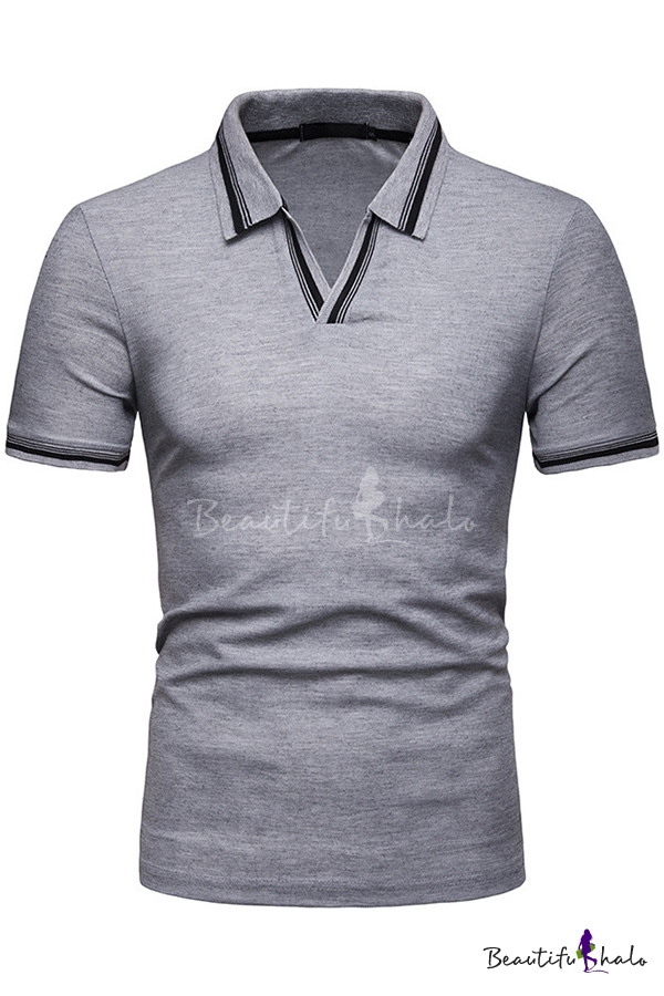 Alion Men Casual V Neck Short Sleeve Solid Polo Shirts Collar Slim T Shirts Tops 