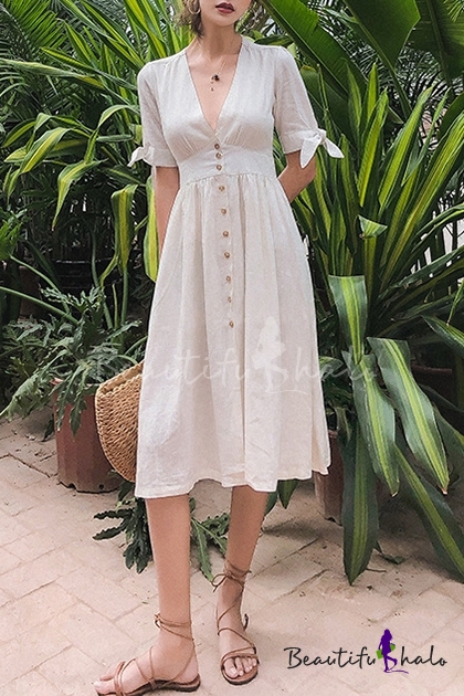 white linen button front dress