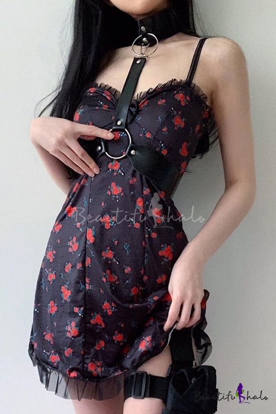 v neck flower print mesh panel black dress