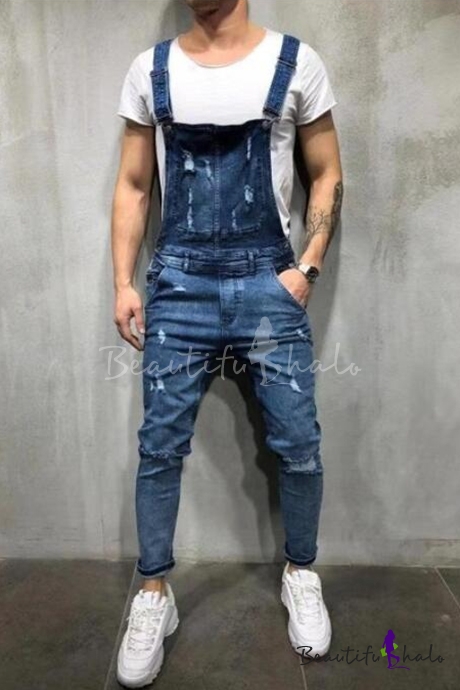 Goosun Mens Slim Fit Ripped Denim Overalls Casual Bib Pants Jumpsuit Fashion Ripped Jeans Jumpsuit with Pockets Distressed Bib Overalls Jumpsuit Denim Workwear Bib Coveralls 