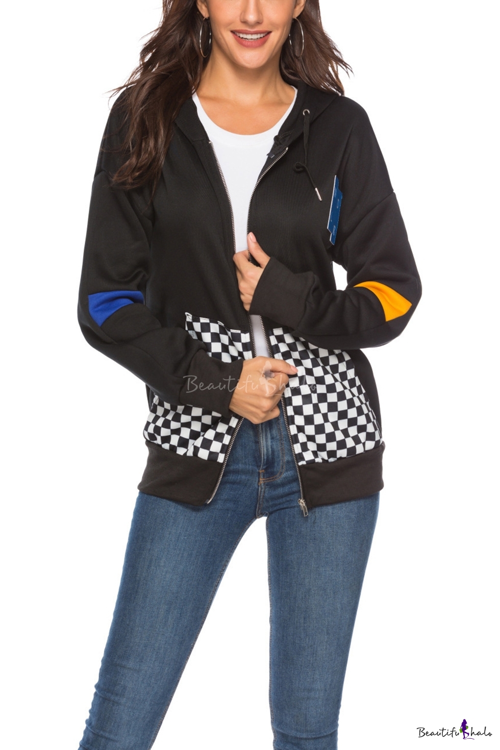 checkerboard print hooded sweatshirt