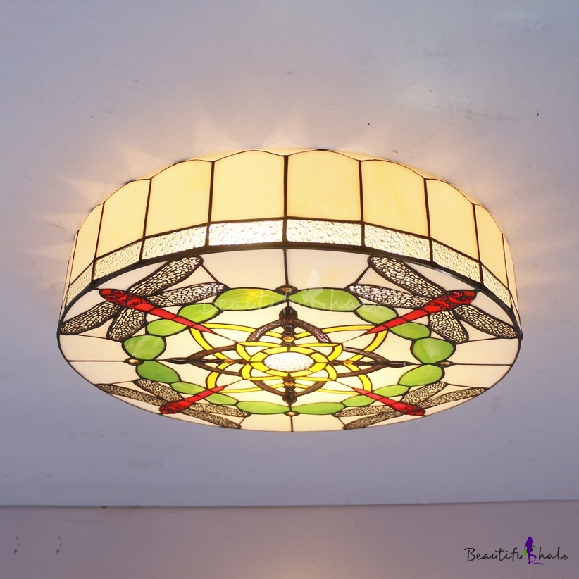 Tiffany Rustic White Flush Mount Light Drum Stained Glass Ceiling