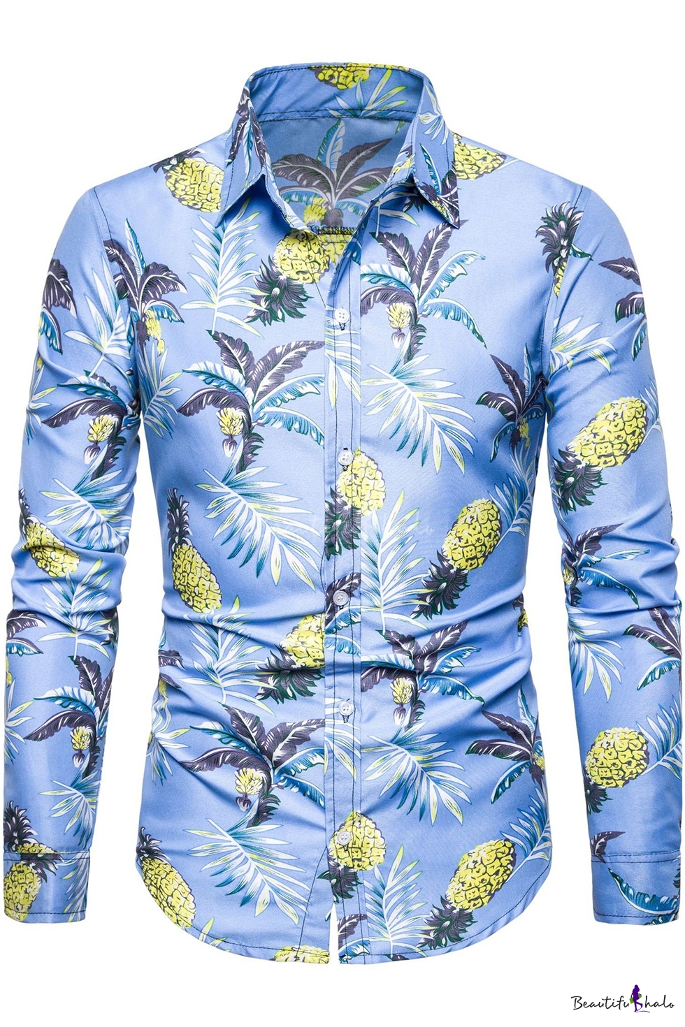 Summer Trendy Hawaiian Pineapple Printed Long Sleeve Blue Button Up ...