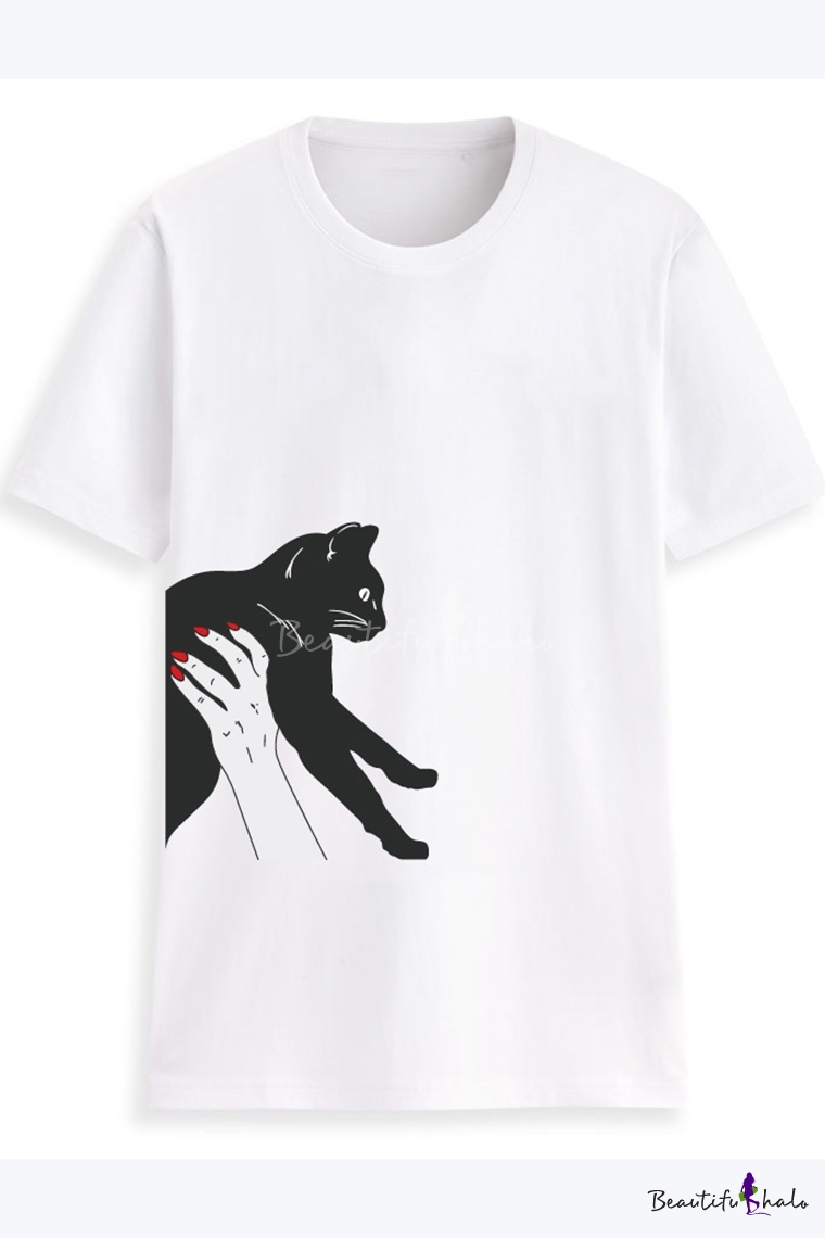 Summer Women Cute Cat Print T-shirt Short Sleeves Round Neck Girls Tee Shirt L