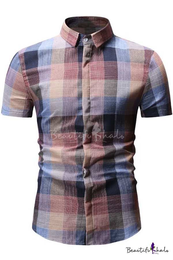 heymoney Mens Casual Cotton Shirt Short Sleeve Plaid Slim Fit Button Down Shirt