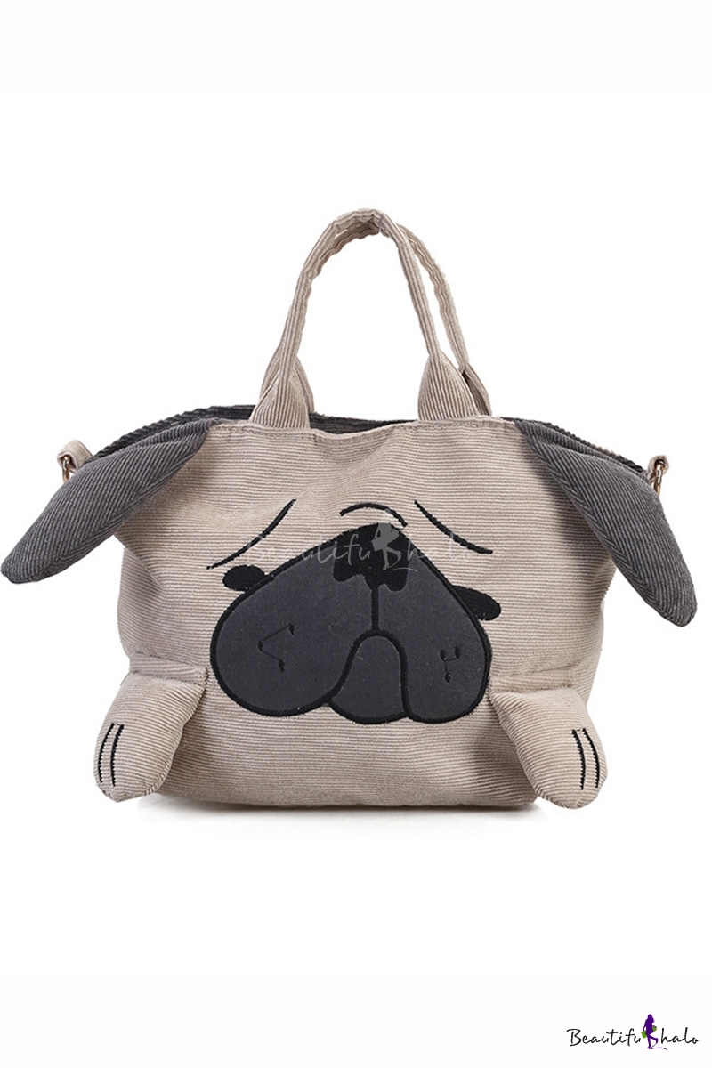 Cute Cartoon Dog Pattern Khaki Corduroy Shoulder Bag 19*11*20 CM -  