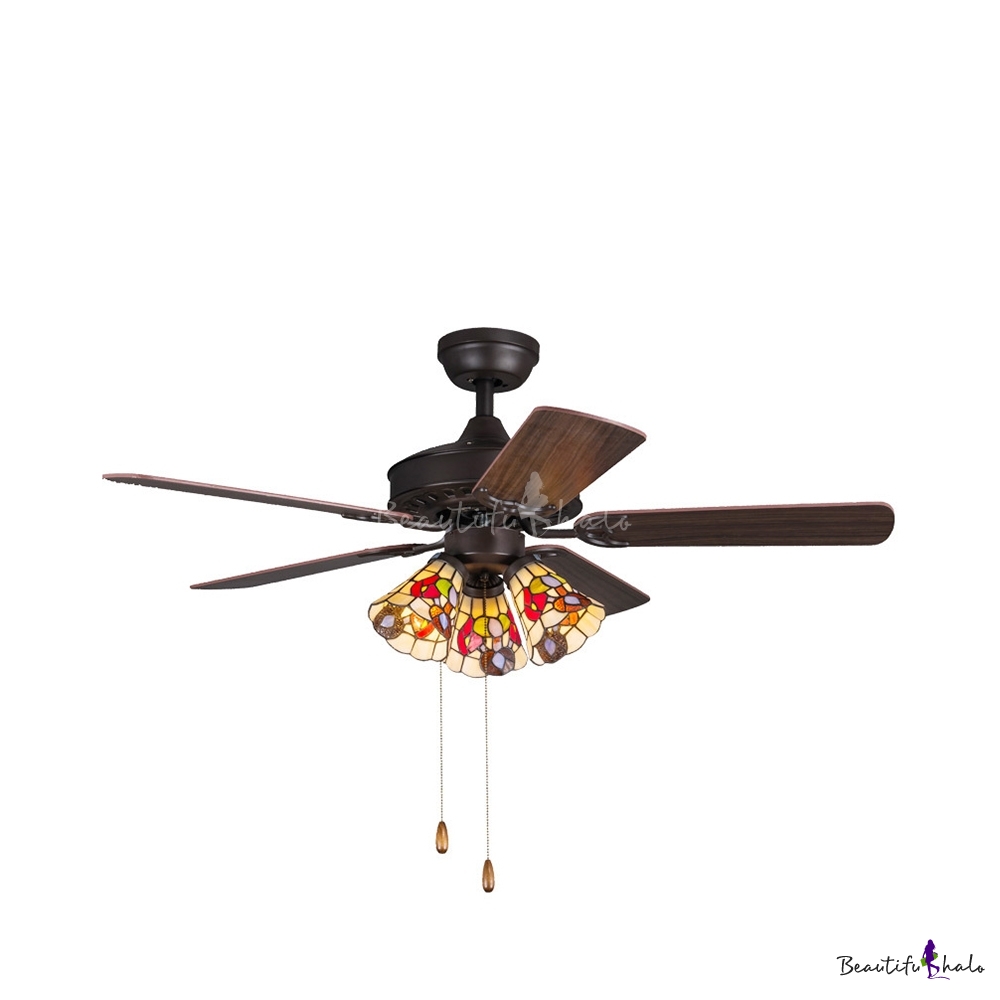 Bell Shade Cafe Ceiling Fan Stained Glass 3 Lights Rustic Semi Flushmount Light With Controller Pull Chain