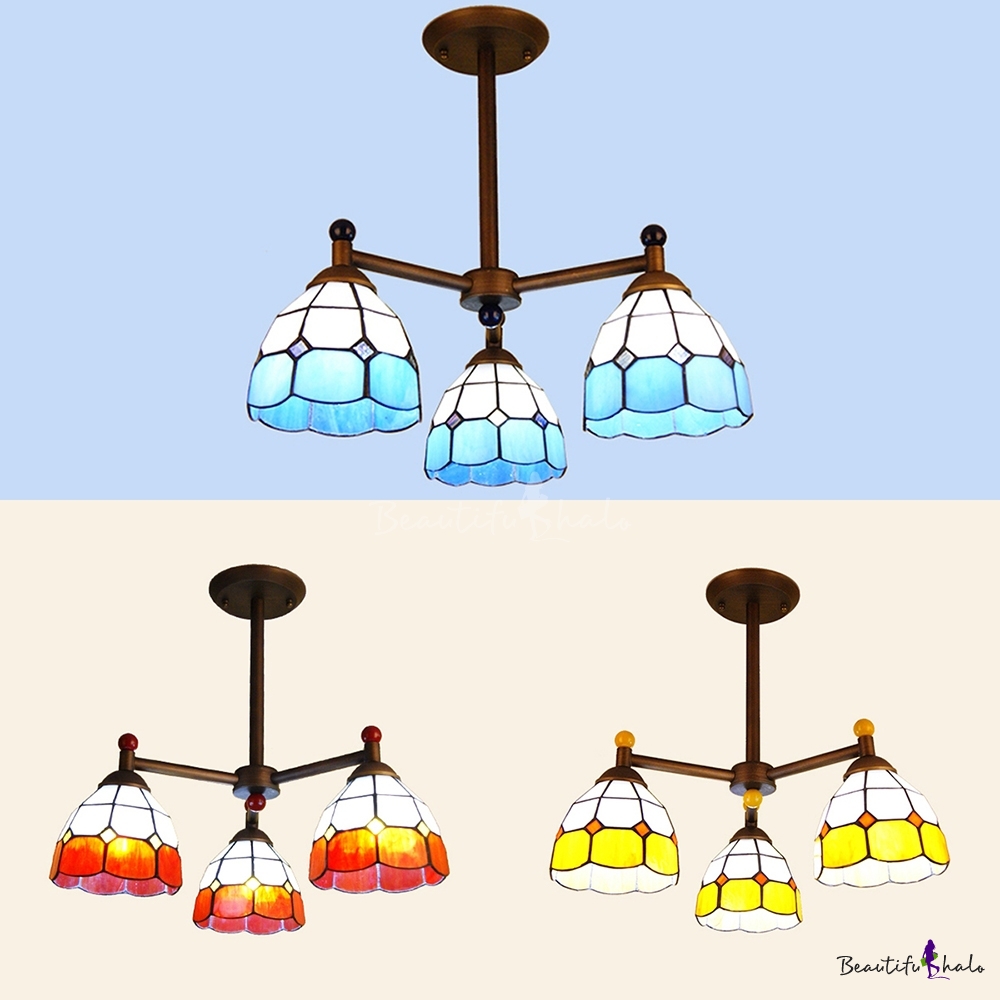 Glass Dome Shade Chandelier Bedroom Hallway 3 Lights Tiffany Style Hanging Light In Blue Orange Yellow