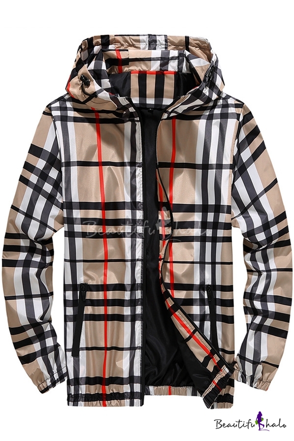 Guys Classic Plaid Check Pattern Hooded Long Sleeve Zip Up Lightweight ...