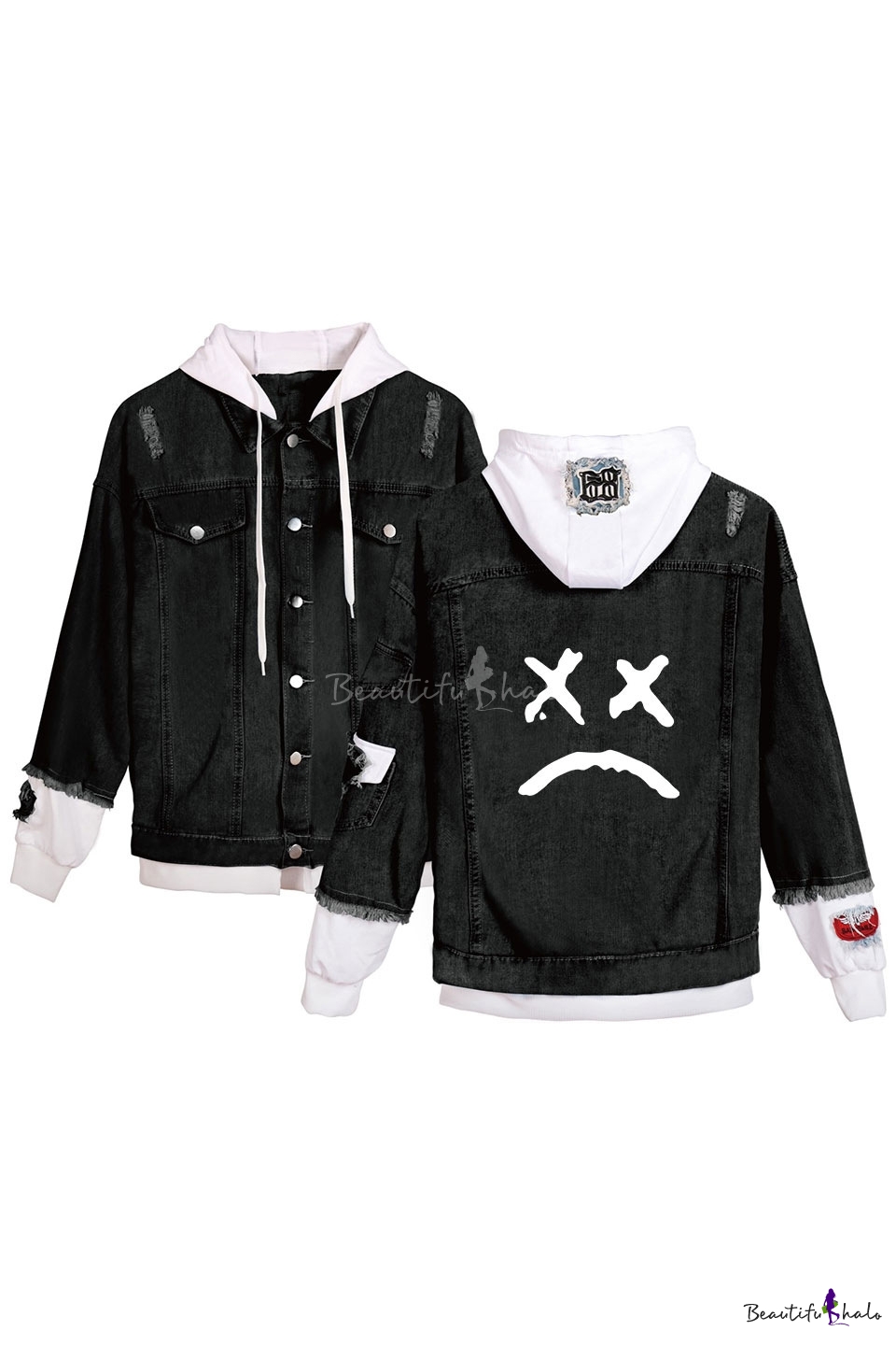 Popular Sad Face Printed Patched Hooded Long Sleeve Button Front Black ...