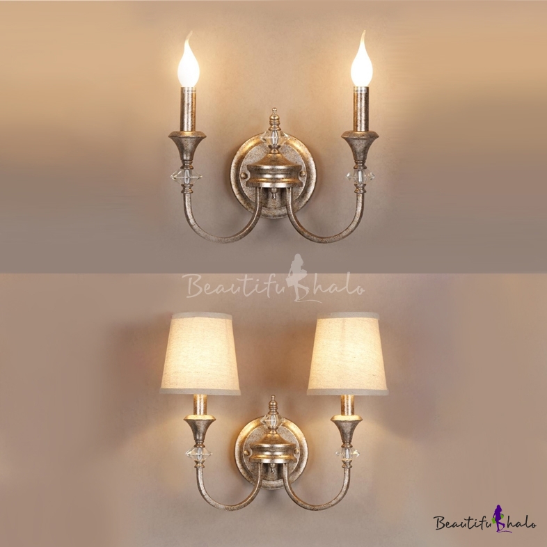 Antique Style Candle Sconce Lamp With Without Shade Metal 2 Lights Silver Wall Light For Restaurant Beautifulhalo Com - Silver Candle Wall Lights