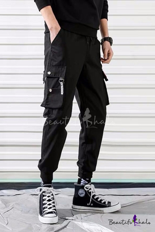 Guys Street Fashion Simple Plain Black Fitted Cargo Pants ...