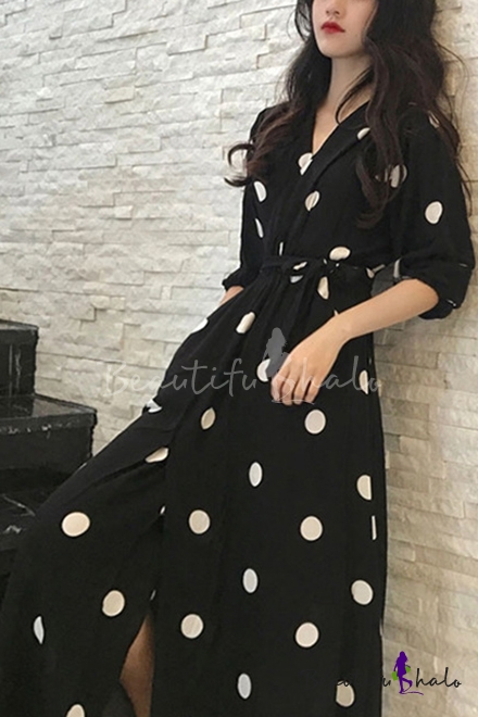 black polka dot wrap dress