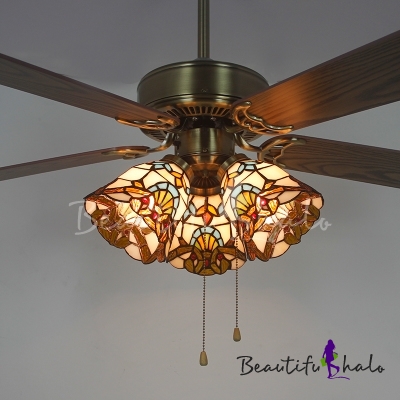 Stained Glass Bell LED Ceiling Fan Bedroom 3 Heads 42 Inch Victorian ...