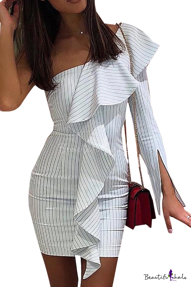 one shoulder long sleeve white dress
