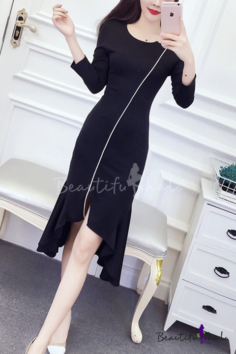 long sleeve fishtail midi dress